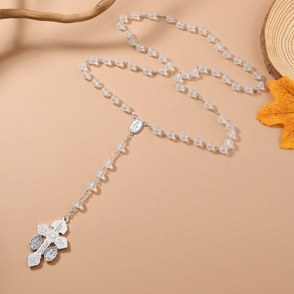 Wholesale 5pcs/pack 8mm matte glass beads cross rosary necklace